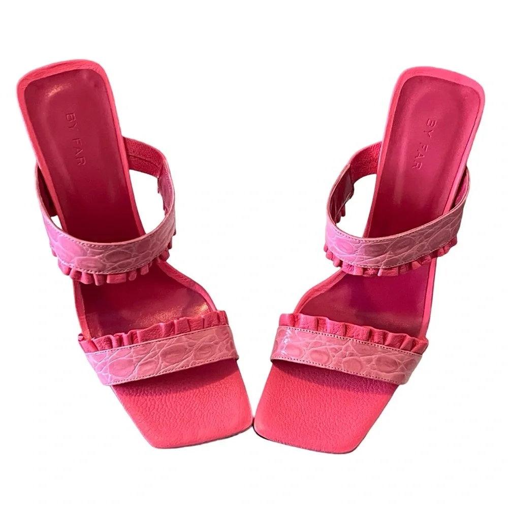 By‎ Far Sandals Pina Ruffled Croc-effect Leather Mules Sz 38 - Picture 4 of 10